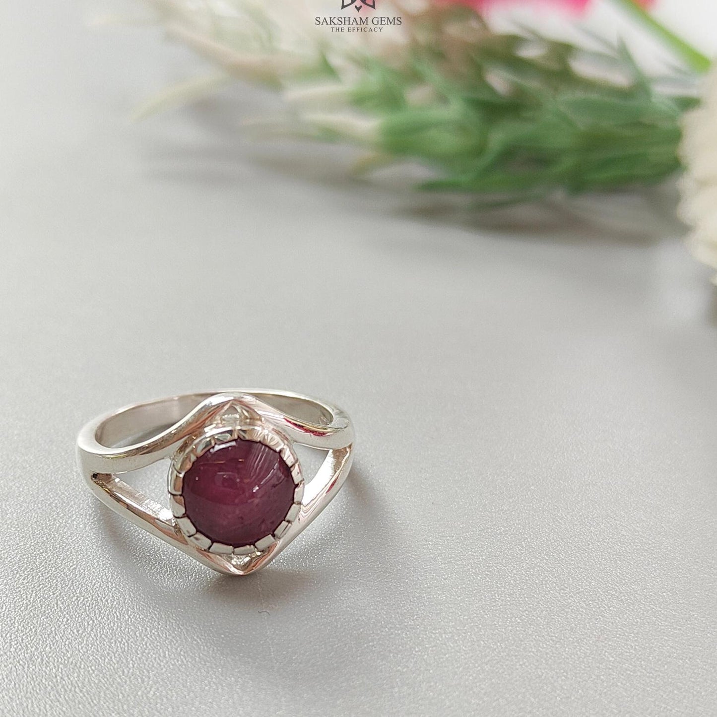 Star Ruby Silver Ring: 4.18gms Natural Star Ruby Untreated Cabochon Round Shape 925 Sterling Silver Bezel Set 7 US Ring