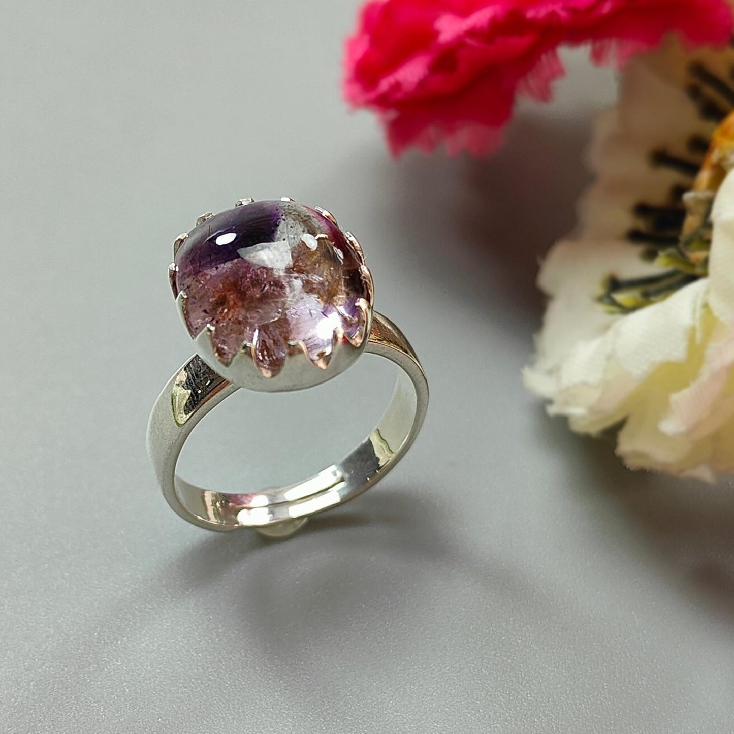 Amethyst Plain Silver Ring: 4.93gms Natural Untreated Super Seven Amethyst Oval Shape Plain 925 Sterling Silver Bezel Set Adjustable Ring