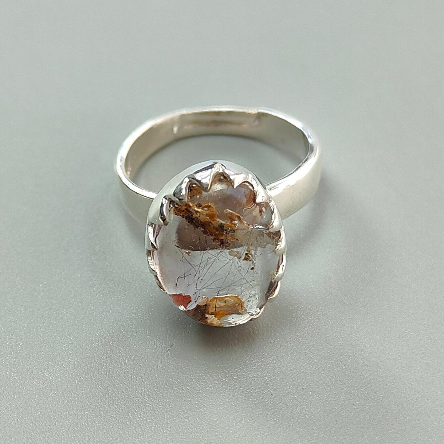 Amethyst Plain Silver Ring: 5.14gms Natural Untreated Super Seven Amethyst Fancy Shape Plain 925 Sterling Silver Bezel Set Adjustable Ring