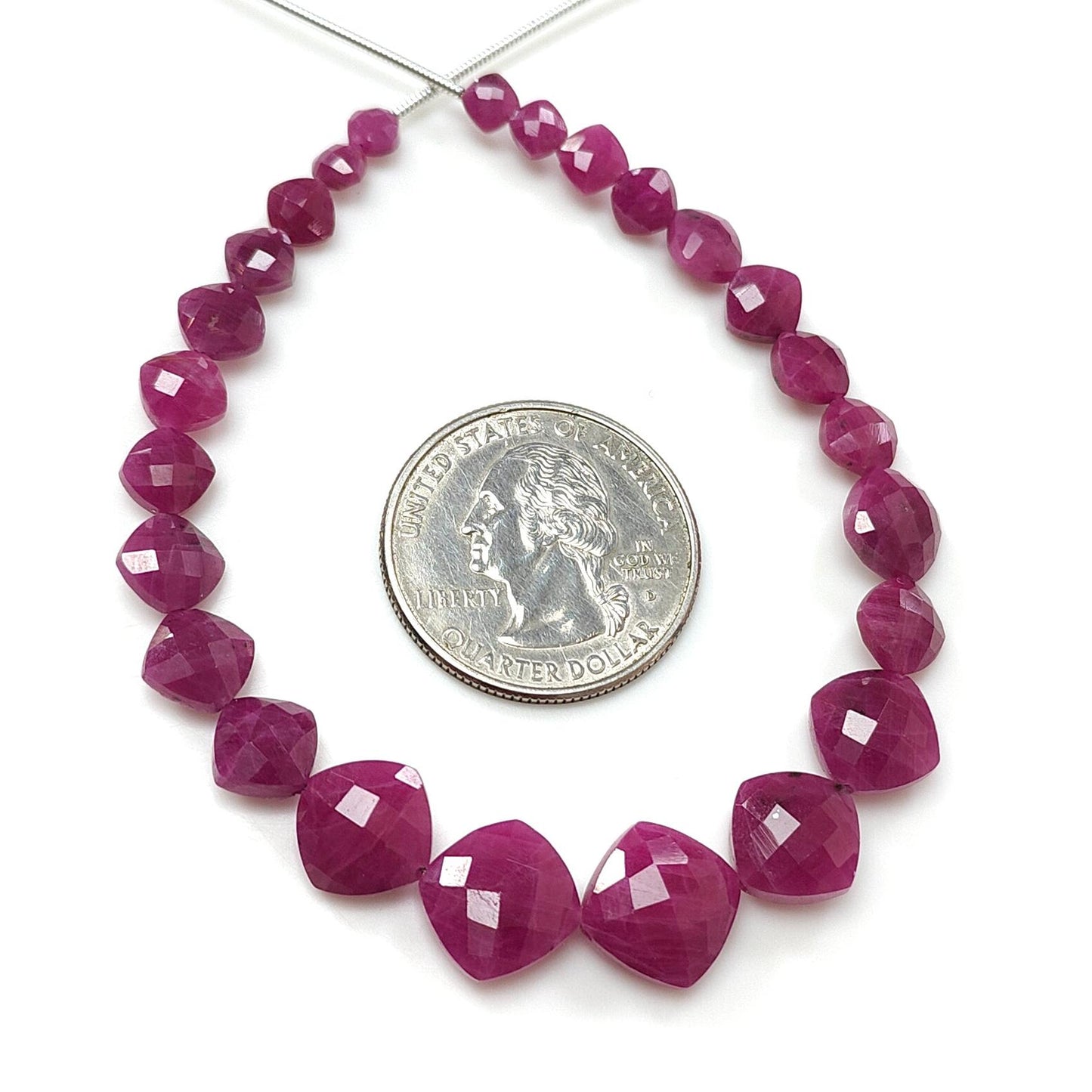 Red Ruby Faceted Loose Beads: 53.40cts Natural Untreated Unheated Ruby Gemstone Checker Cut Briolette Cushion Beads 4mm - 10mm, 7" Strand