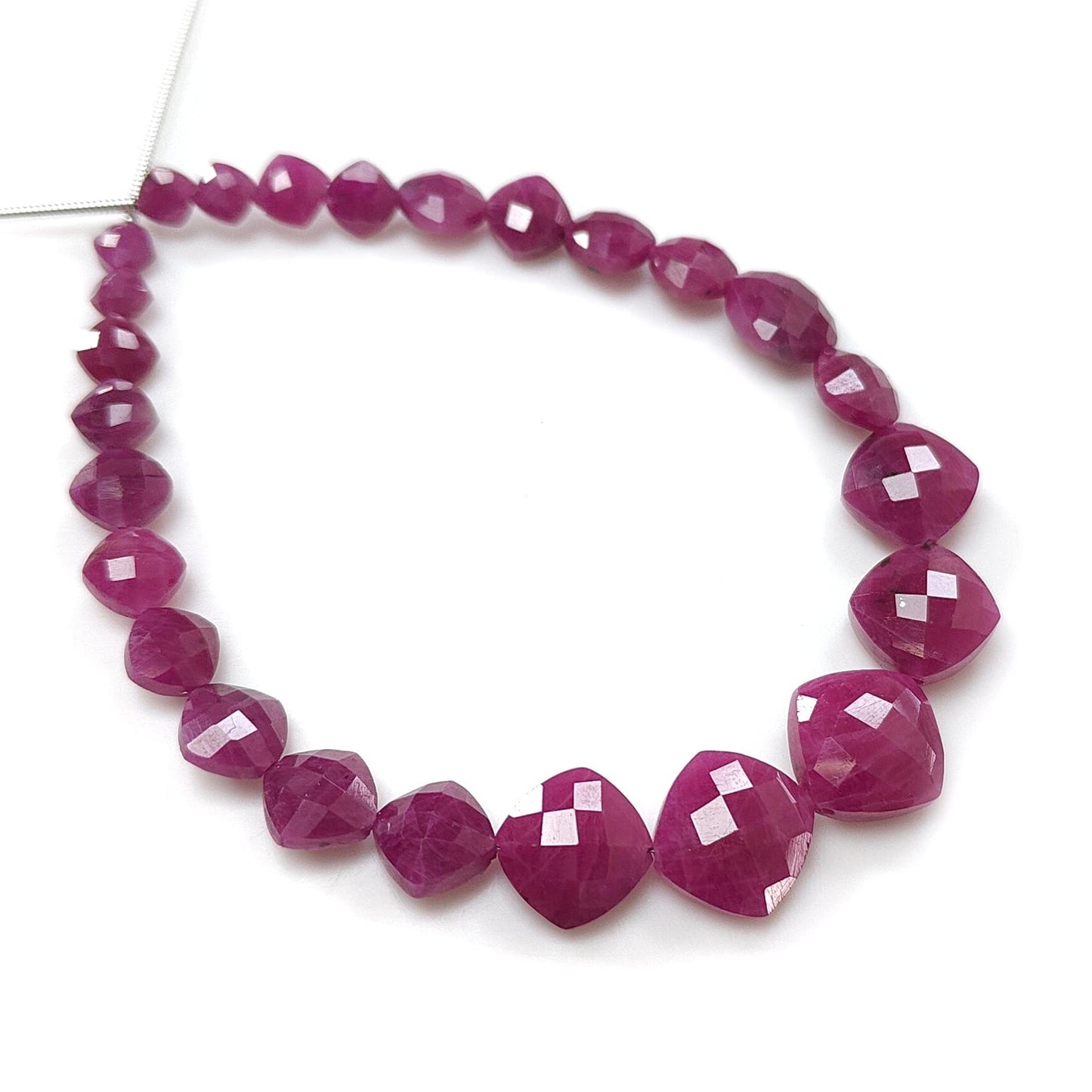 Red Ruby Faceted Loose Beads: 53.40cts Natural Untreated Unheated Ruby Gemstone Checker Cut Briolette Cushion Beads 4mm - 10mm, 7" Strand