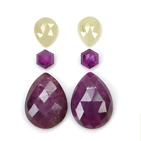 ruby & sapphire pear, hexagon rose cut