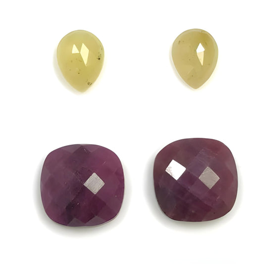 red ruby, yellow sapphire cushion & pear rose cut