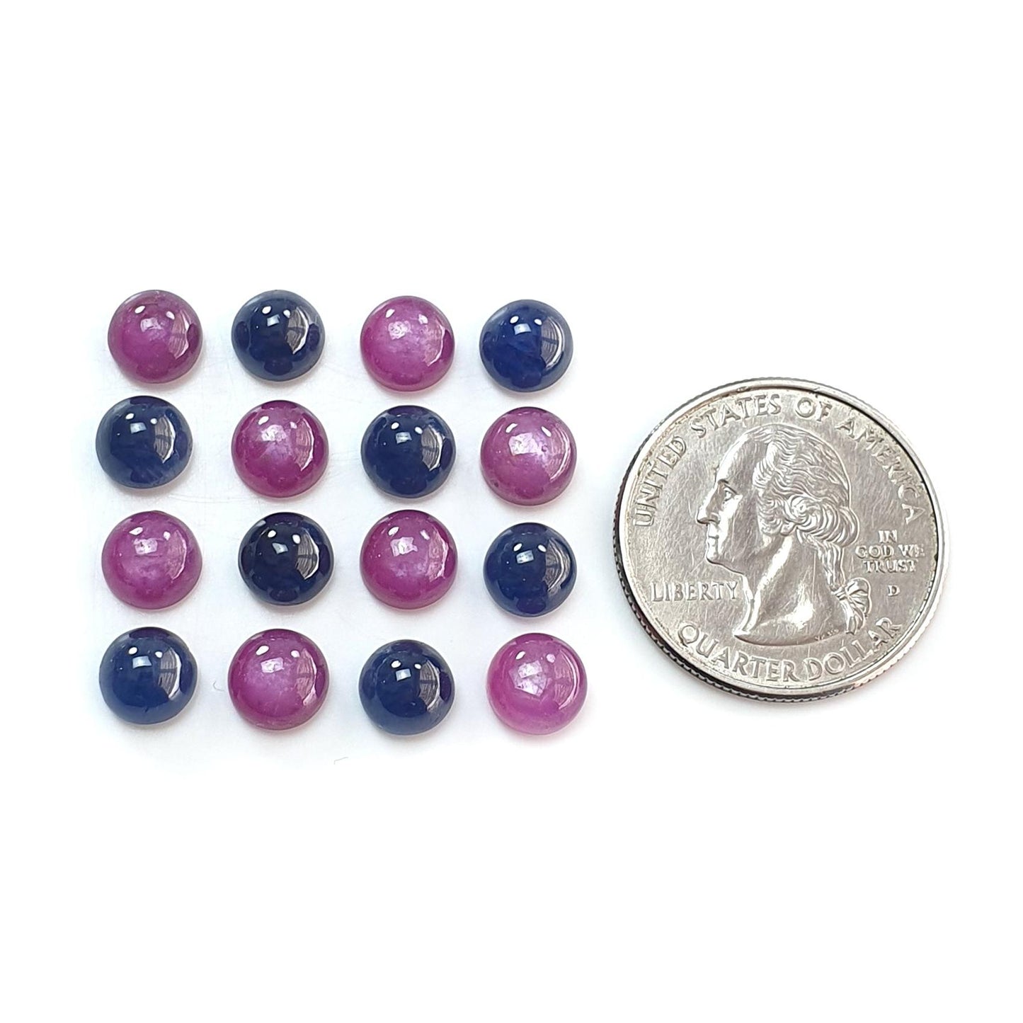 Ruby, Blue Sapphire Gemstone Cabochon: 38.20cts Natural Untreated Purple Pink Ruby, Sapphire Round Shape Cabochon 7mm 16pcs Lot for Jewelry