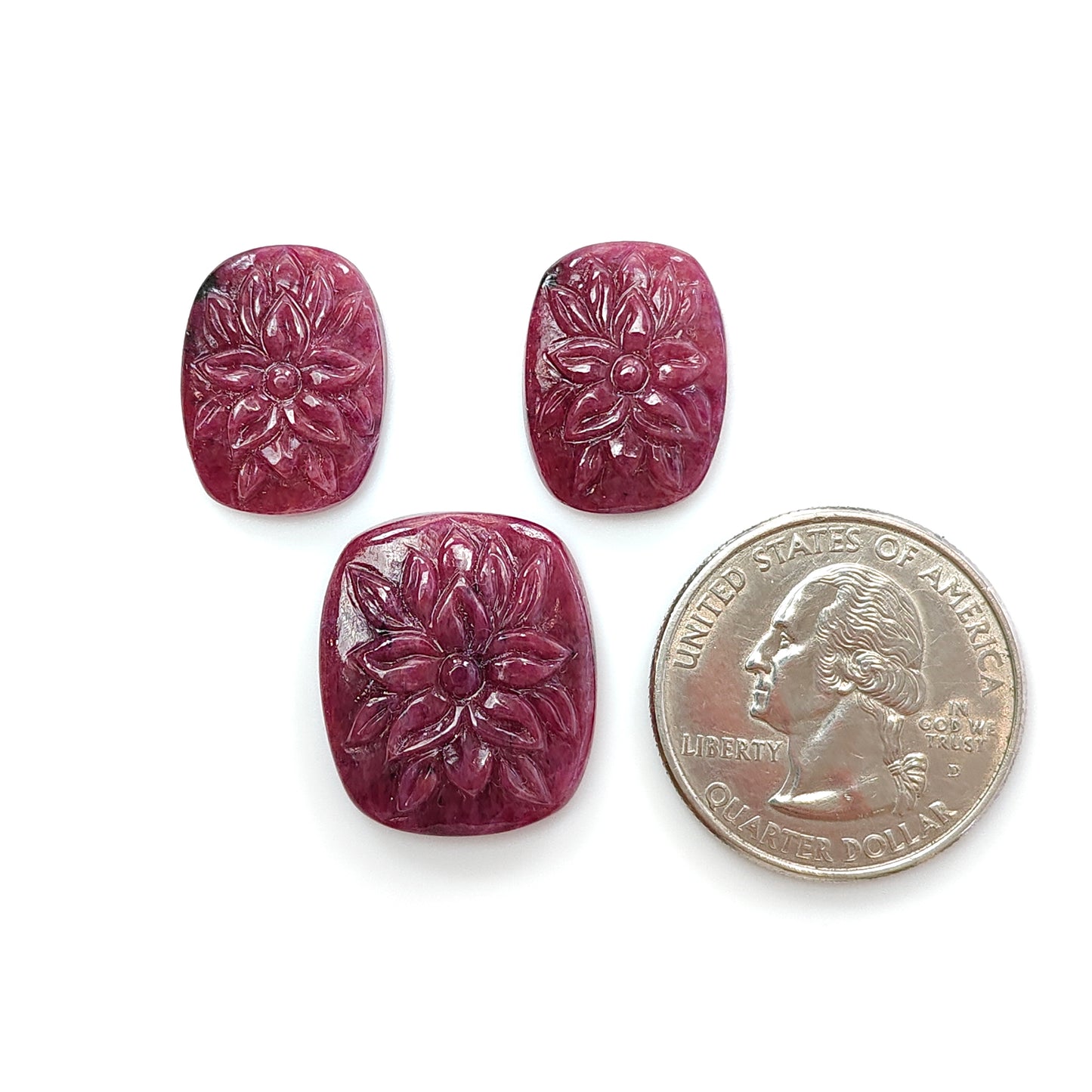 Ruby Gemstone Carving : 42.40cts Natural Untreated Unheated Red Ruby Hand Carved Cushion Shape 18*13mm - 21*19mm 3pc Set For Jewelry