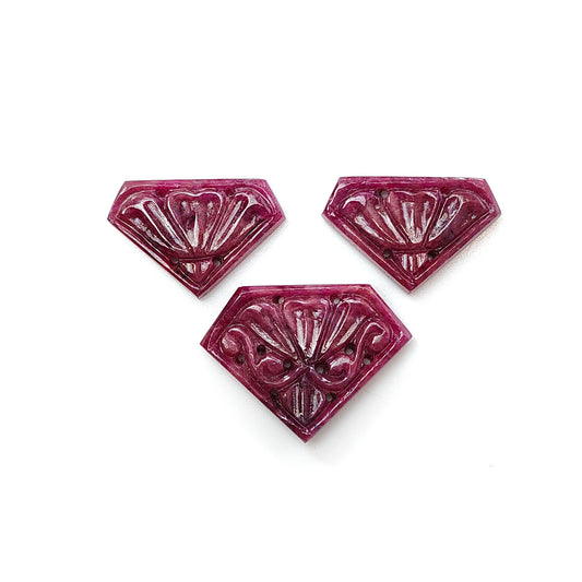 Ruby Gemstone Carving : 48.20cts Natural Untreated Unheated Red Ruby Hand Carved Uneven Shape 15*23mm -20*27mm 3pc Set For Jewelry