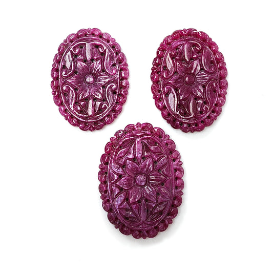 Ruby Gemstone Carving : 176.70cts Natural Untreated Unheated Red Ruby Hand Carved Oval Shape 40*30mm - 43.5*32mm 3pc Set For Jewelry