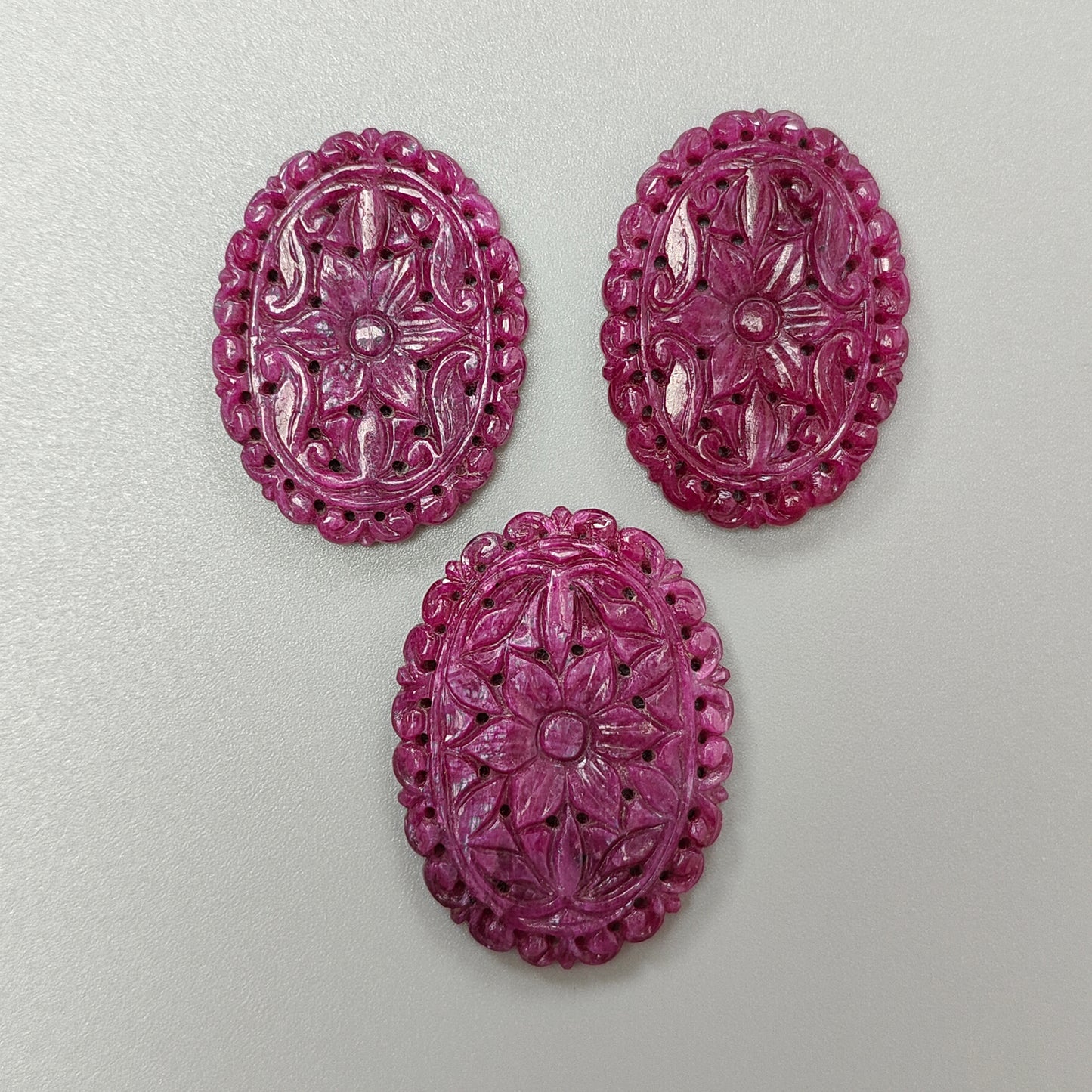 Ruby Gemstone Carving : 176.70cts Natural Untreated Unheated Red Ruby Hand Carved Oval Shape 40*30mm - 43.5*32mm 3pc Set For Jewelry