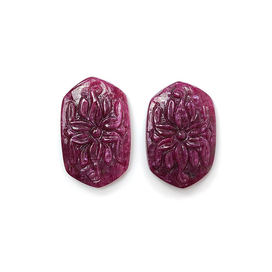 Ruby Gemstone Carving : 50.90cts Natural Untreated Unheated Red Ruby Hand Carved Hexagon Shape 28*19 - 29*19mm 2pc For Jewelry