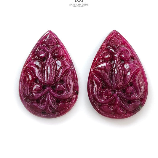 Purple Ruby Gemstone Carving : 31.80cts Natural Untreated Unheated Red Ruby Hand Carved Pear Shape 26*17.5mm Pair