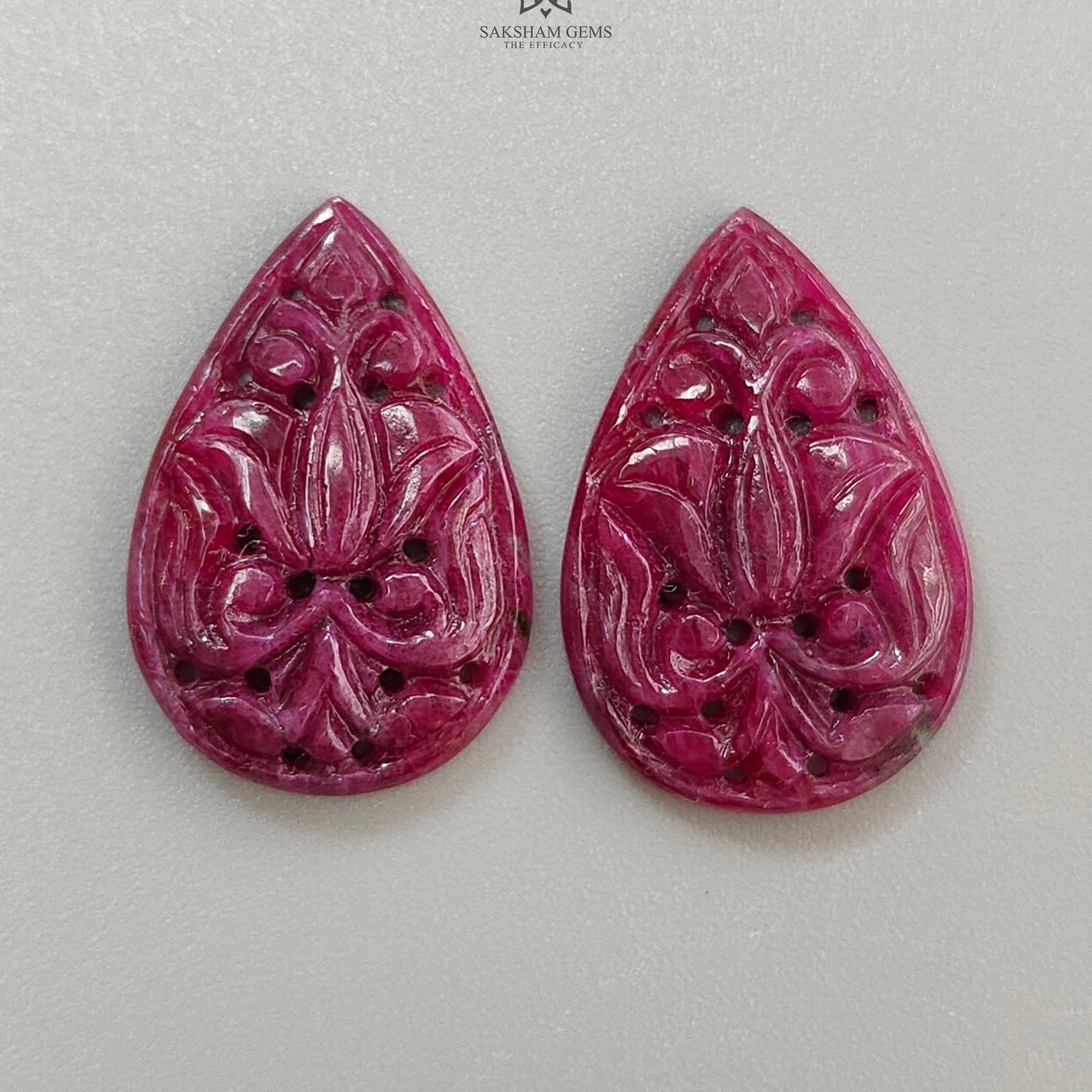 Purple Ruby Gemstone Carving : 31.80cts Natural Untreated Unheated Red Ruby Hand Carved Pear Shape 26*17.5mm Pair