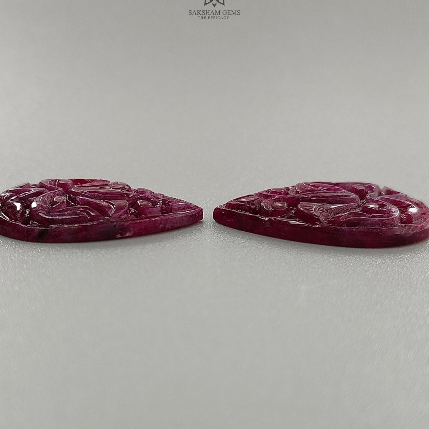 Purple Ruby Gemstone Carving : 31.80cts Natural Untreated Unheated Red Ruby Hand Carved Pear Shape 26*17.5mm Pair