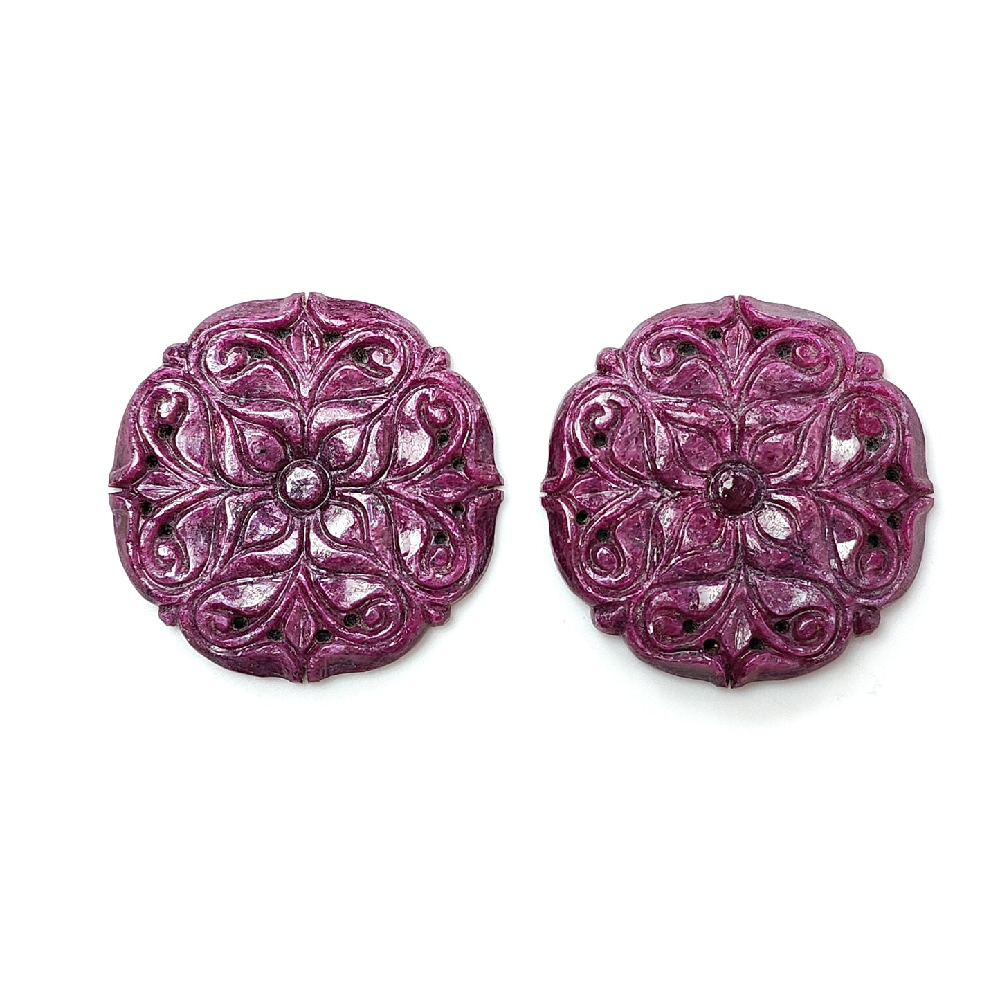 Ruby Gemstone Carving : 125.30cts Natural Untreated Unheated Red Ruby Hand Carved Round Shape 36mm Pair For Jewelry