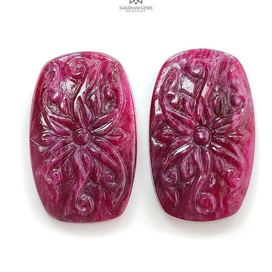 Ruby Gemstone Carving : 72.30cts Natural Untreated Unheated Red Ruby Hand Carved Cushion Shape 33*20mm Pair