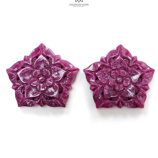 Ruby Gemstone Carving : 105.60cts Natural Untreated Unheated Red Ruby Hand Carved Fancy Shape 34*32mm Pair