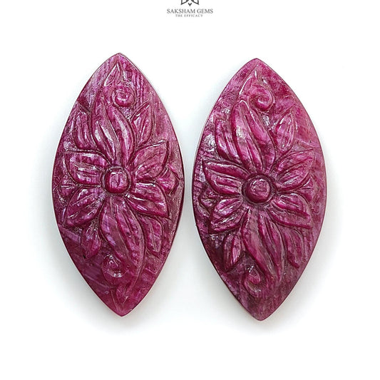 Ruby Gemstone Carving : 55.10cts Natural Untreated Unheated Red Ruby Hand Carved Marquise Shape 36*18mm Pair