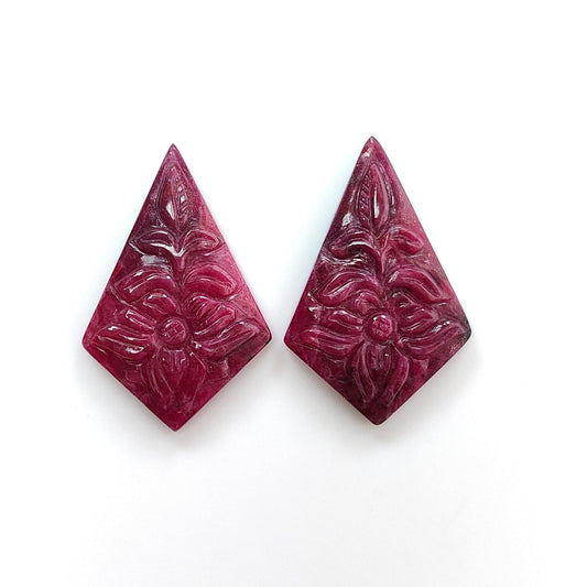Ruby Gemstone Carving : 56.10cts Natural Untreated Unheated Red Ruby Hand Carved Pear Shape 34*22mm Pair