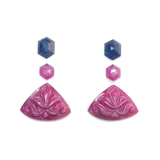 Ruby Gemstone Carving: 26.70cts Natural Untreated Red Ruby, Blue Sapphire Hand Carved Fancy Shape 7*6mm - 21*15mm 6pcs Set July Birthstone