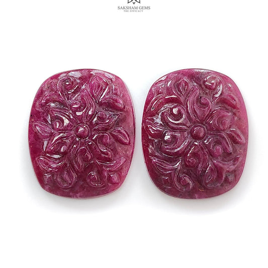 Ruby Gemstone Carving : 70.00cts Natural Untreated Unheated Red Ruby Hand Carved Cushion Shape 27*22.5mm Pair