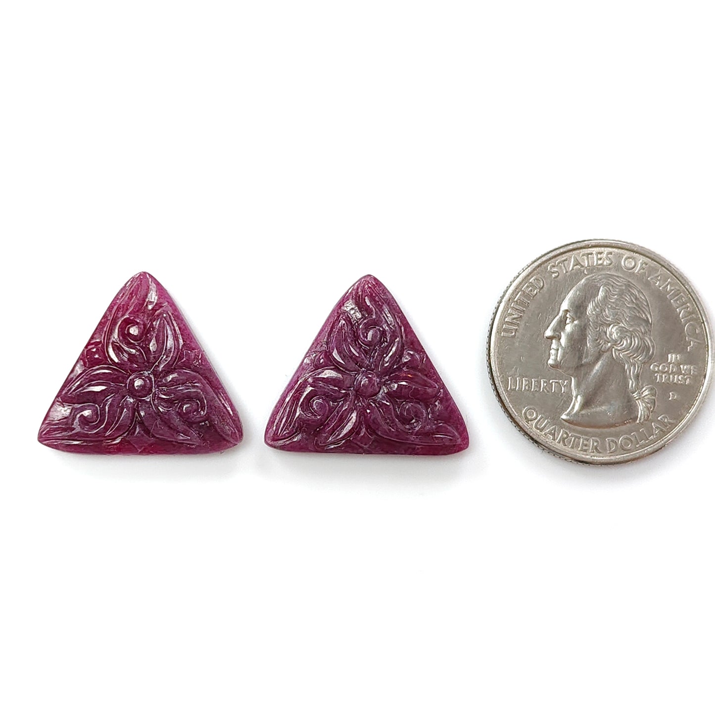 Ruby Gemstone Carving : 30.50cts Natural Untreated Unheated Red Ruby Hand Carved Triangle Shape 19mm Pair
