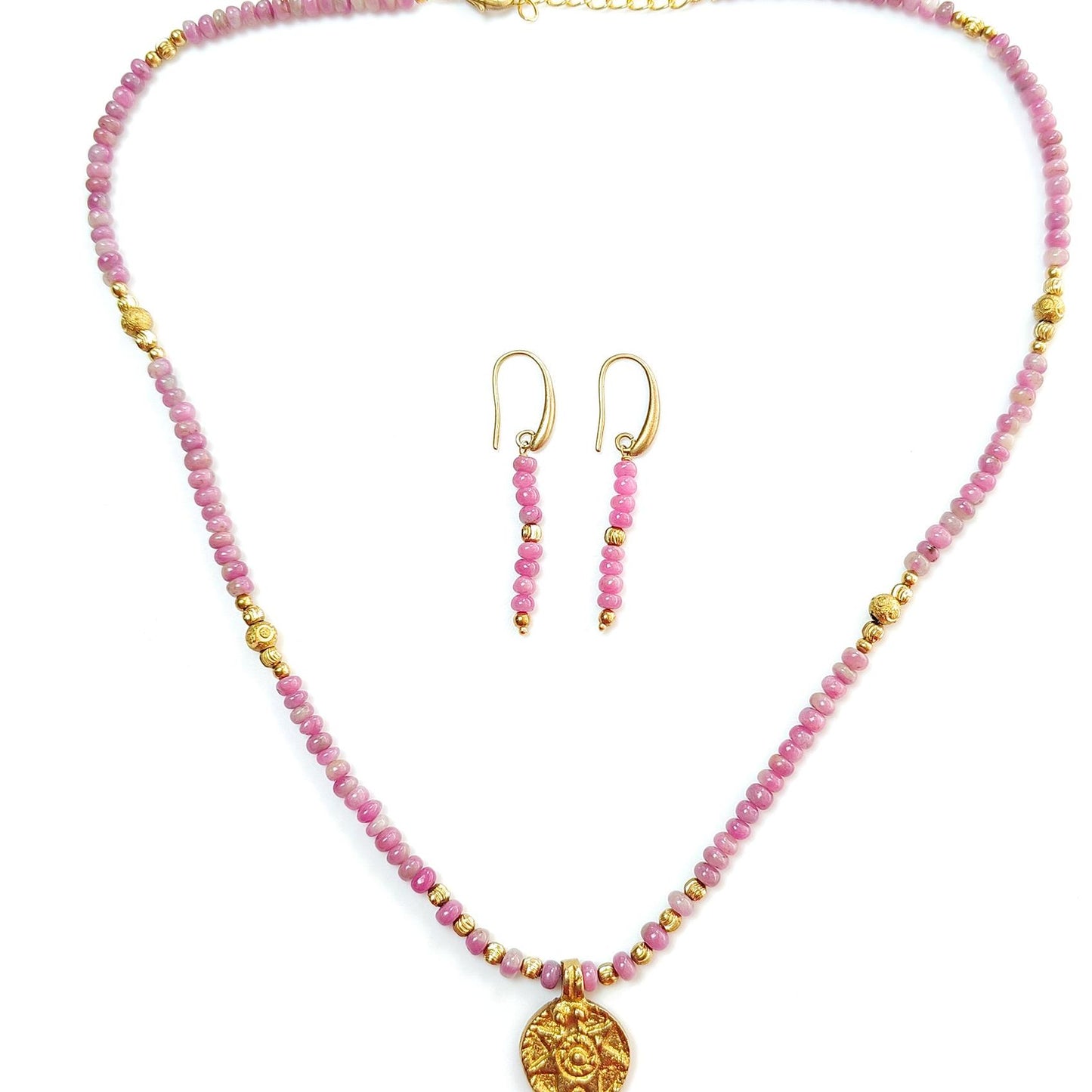 Zoisite Ruby Necklace Earring Jewelry Set: 25.48gms Natural Untreated Ruby Round Plain Brass Jewelry Set 4mm - 5mm 20"