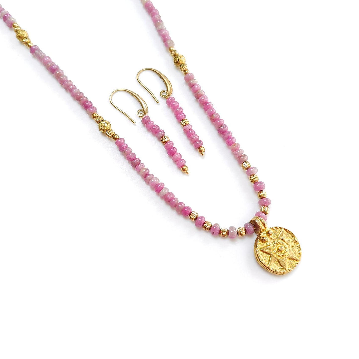 Zoisite Ruby Necklace Earring Jewelry Set: 25.48gms Natural Untreated Ruby Round Plain Brass Jewelry Set 4mm - 5mm 20"