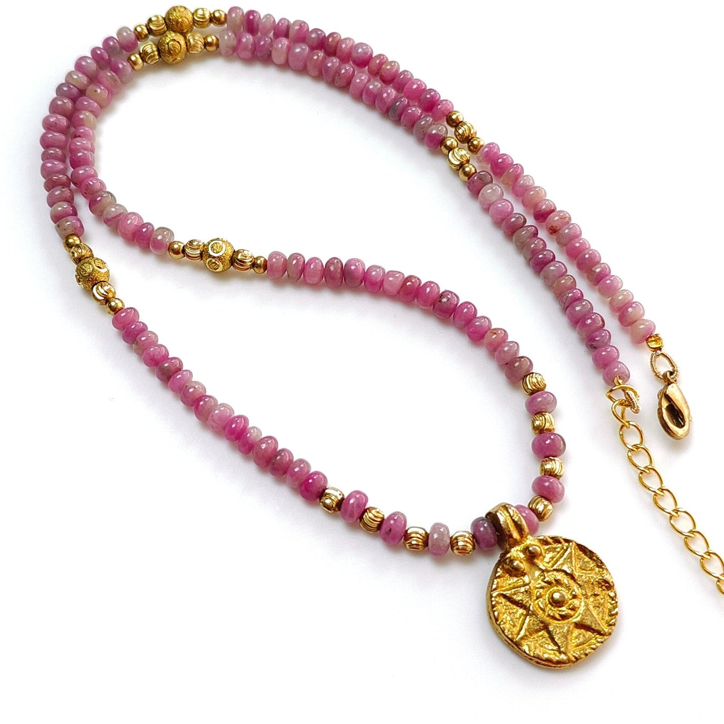 Zoisite Ruby Necklace Earring Jewelry Set: 25.48gms Natural Untreated Ruby Round Plain Brass Jewelry Set 4mm - 5mm 20"