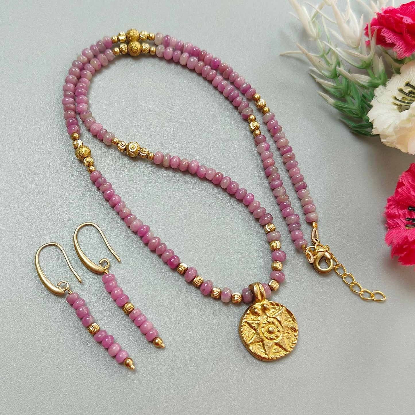 Zoisite Ruby Necklace Earring Jewelry Set: 25.48gms Natural Untreated Ruby Round Plain Brass Jewelry Set 4mm - 5mm 20"