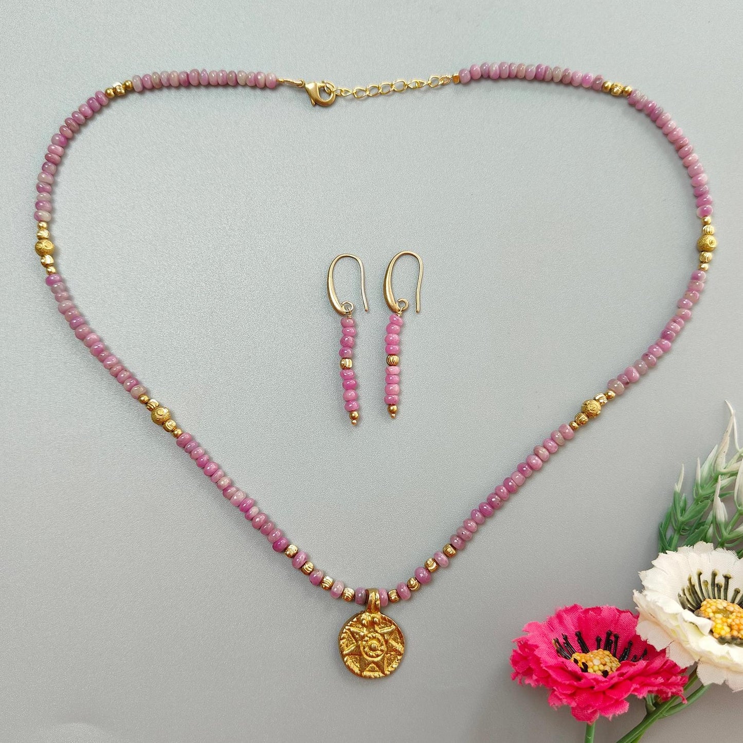 Zoisite Ruby Necklace Earring Jewelry Set: 25.48gms Natural Untreated Ruby Round Plain Brass Jewelry Set 4mm - 5mm 20"