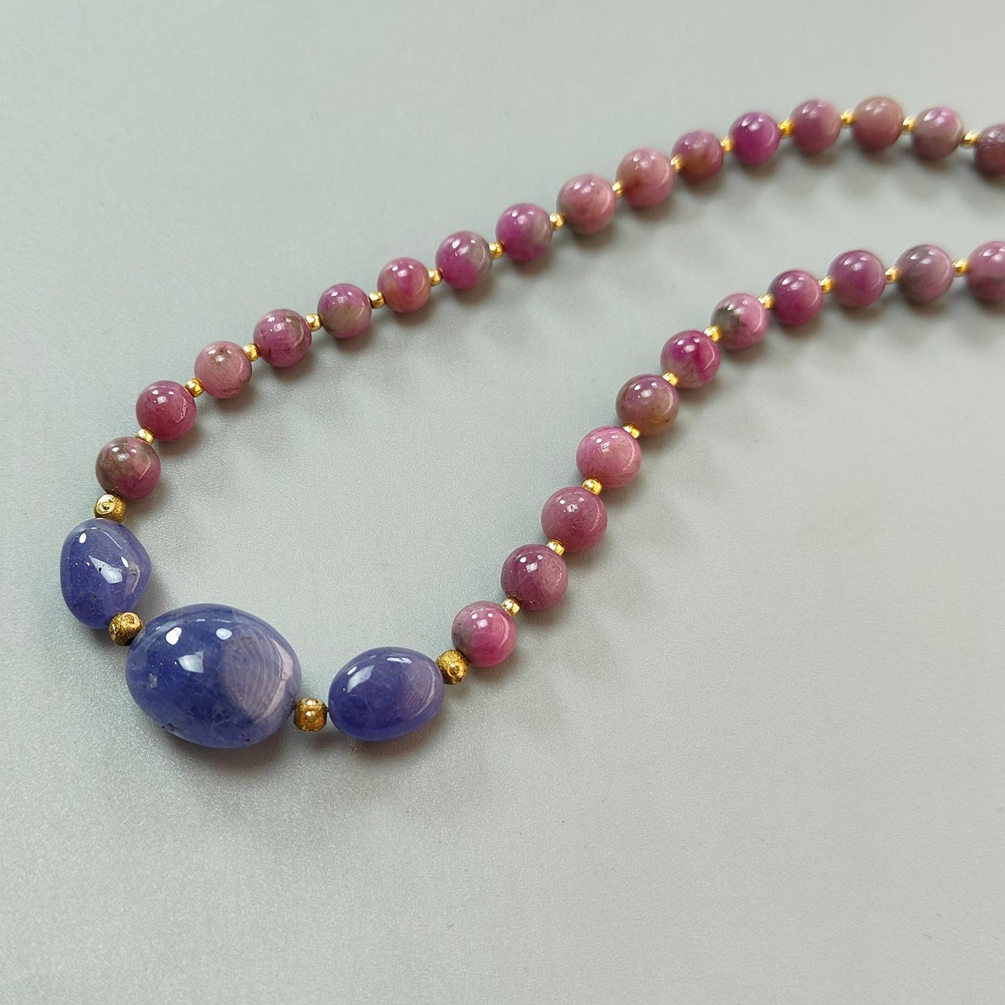 Bi-Color Ruby Necklace Earring Jewelry Set: 261.10cts Natural Untreated Zoisite Ruby, Tanzanite Round Plain Brass Jewelry Set 8mm 19"