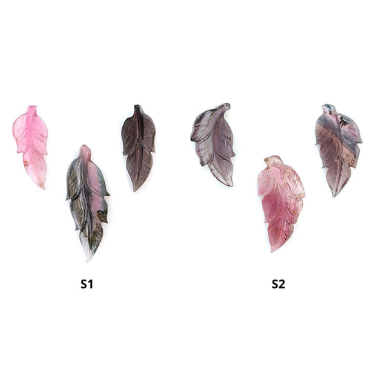 Watermelon Tourmaline Gemstone Carving: Natural Untreated Unheated Bi-Color Tourmaline Hand Carved Leaves 3pcs Set October Birthstone