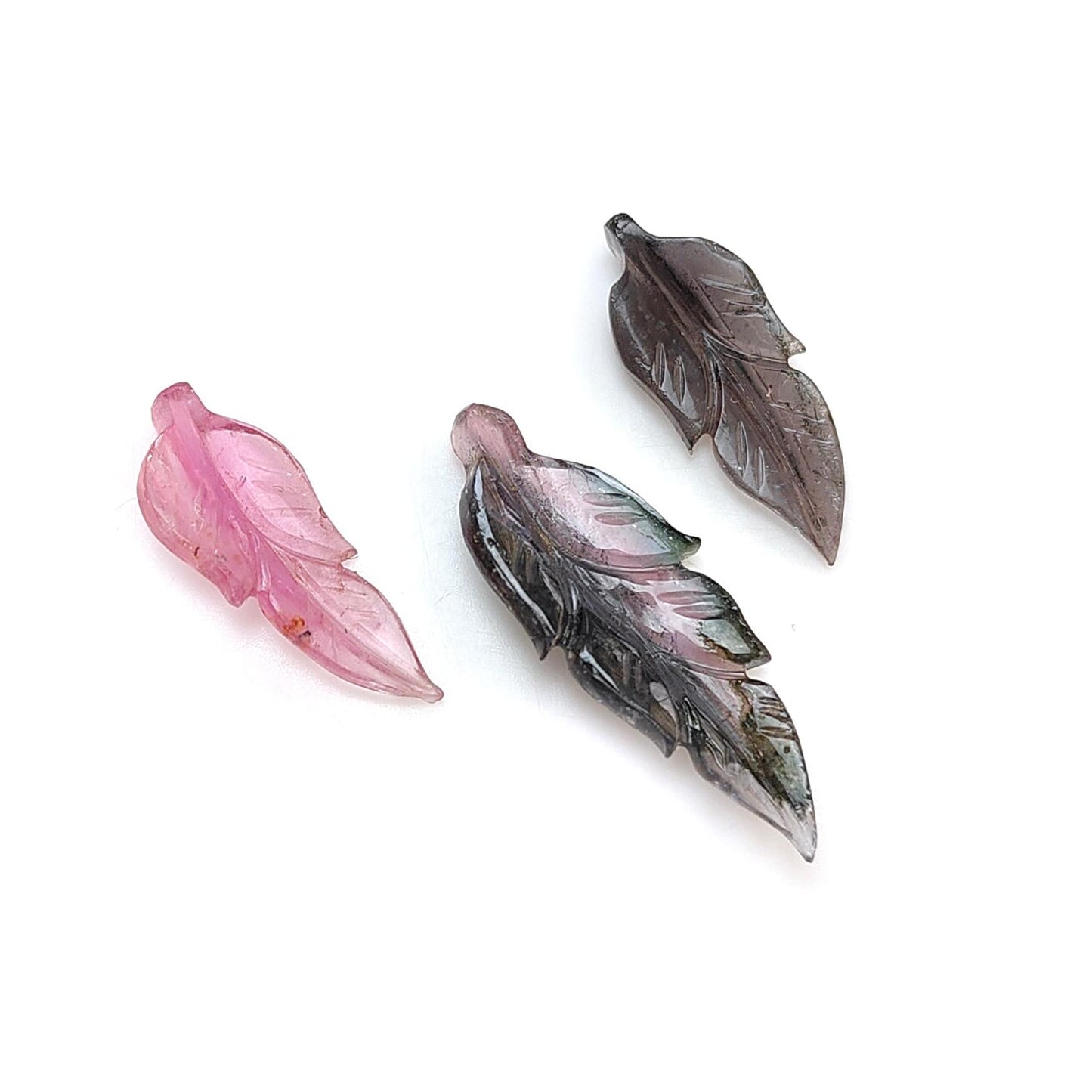 Watermelon Tourmaline Gemstone Carving: Natural Untreated Unheated Bi-Color Tourmaline Hand Carved Leaves 3pcs Set October Birthstone