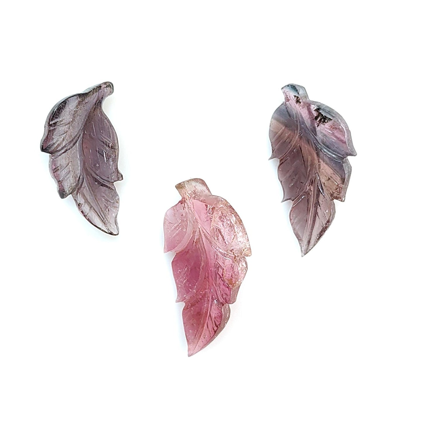 Watermelon Tourmaline Gemstone Carving: Natural Untreated Unheated Bi-Color Tourmaline Hand Carved Leaves 3pcs Set October Birthstone
