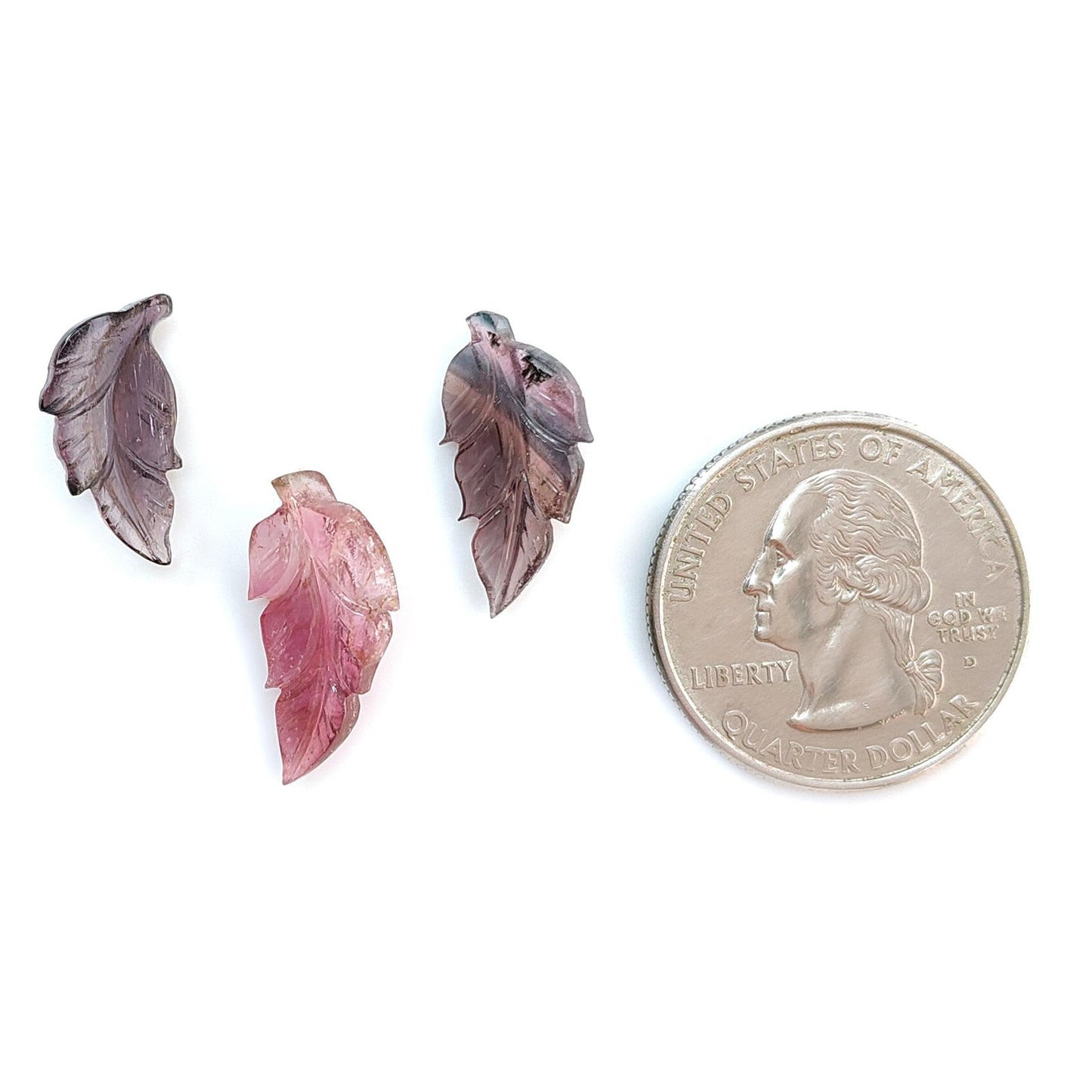 Watermelon Tourmaline Gemstone Carving: Natural Untreated Unheated Bi-Color Tourmaline Hand Carved Leaves 3pcs Set October Birthstone