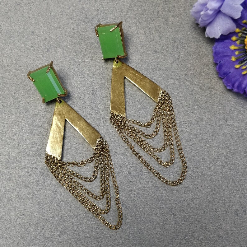 Green Chalcedony Gemstone Earring : 2.5"*1.5" Handmade Brass 18k Gold Plated 13.00gms Cushion Prong Set Drop Dangle Chain Push Back Earring