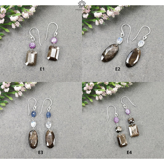 Sapphire & Moonstone Gemstone Earring : Natural Untreated Chocolate Sapphire 925 Sterling Silver Drop Dangle Hook Earring