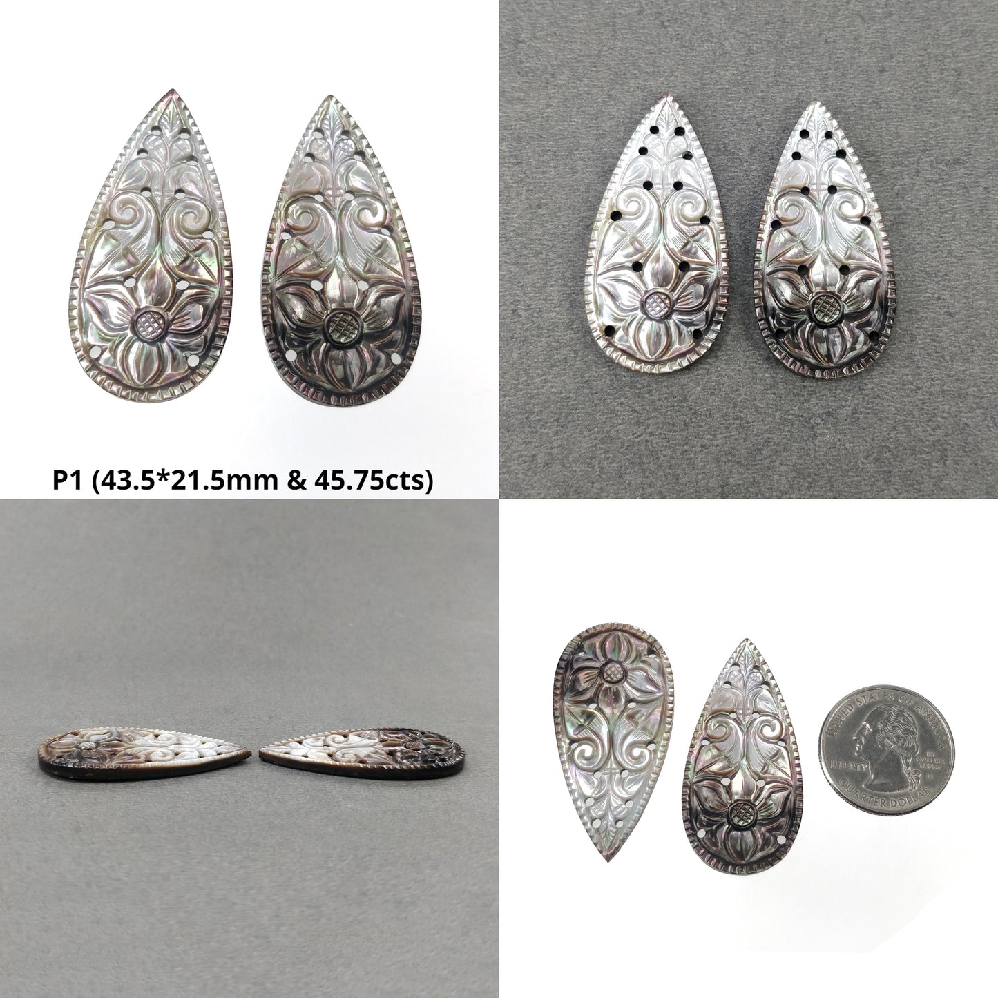 MOTHER OF PEARL Gemstone Carving : Natural Untreated Black Mop Hand Carved Pear Shape Pairs