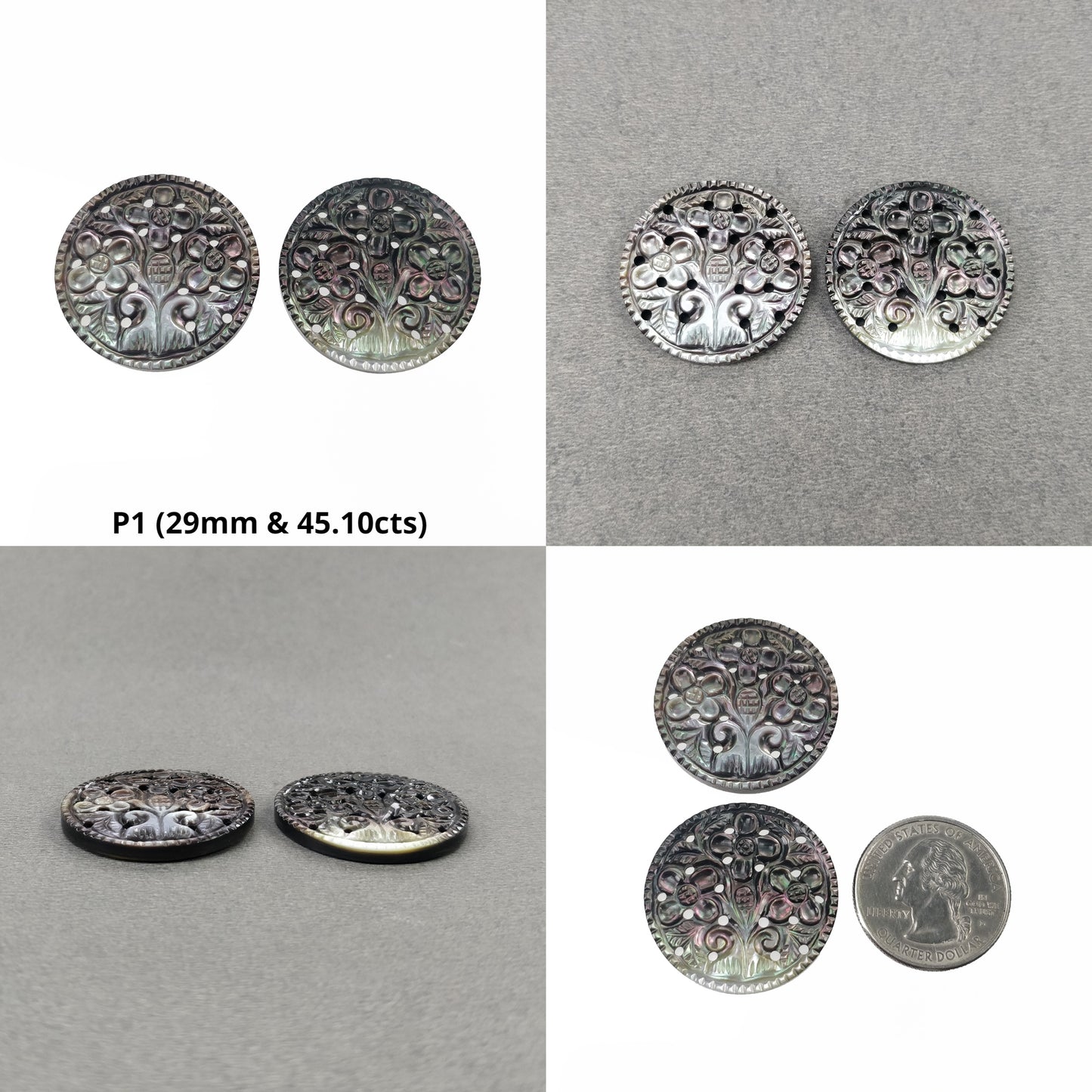 MOTHER OF PEARL Gemstone Carving : Natural Untreated Black Mop Hand Carved Round Shape Pairs