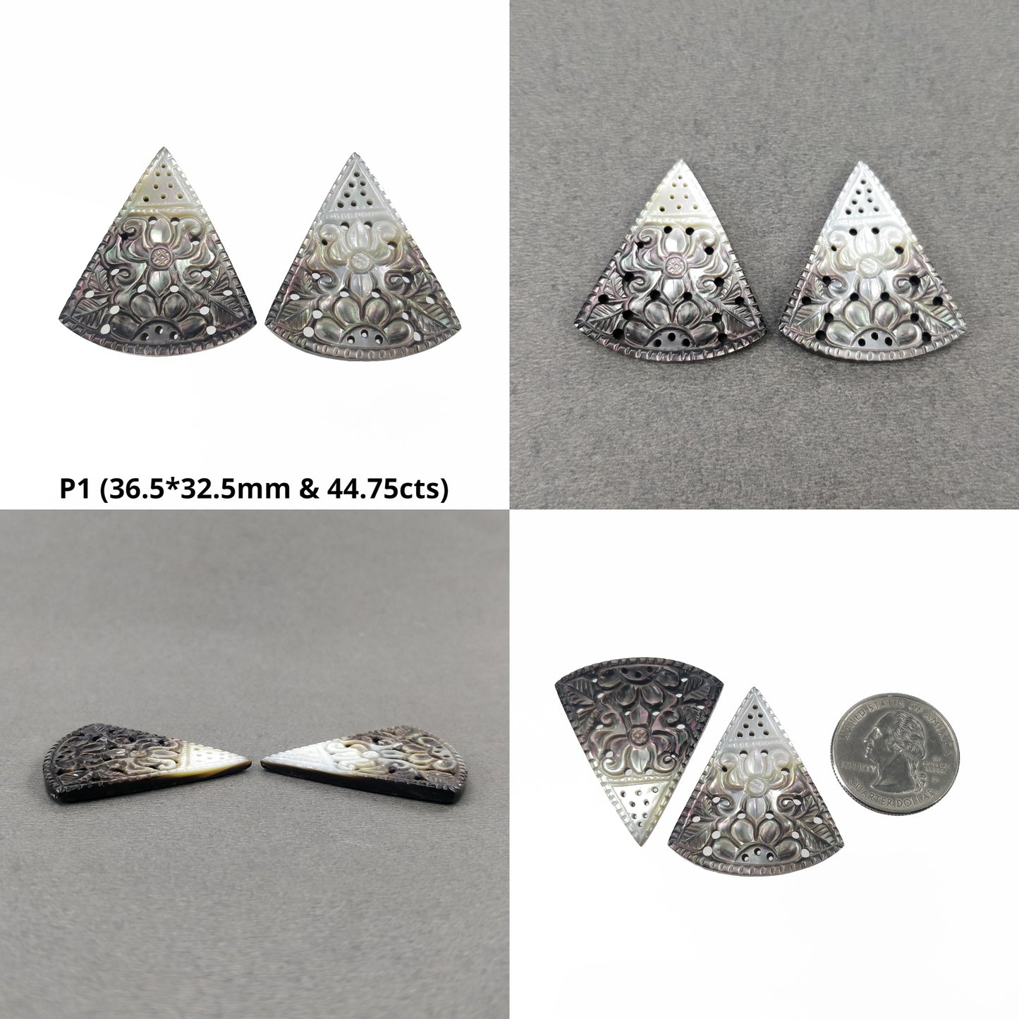 MOTHER OF PEARL Gemstone Carving : Natural Untreated Black Mop Hand Carved Triangle Shape Pairs