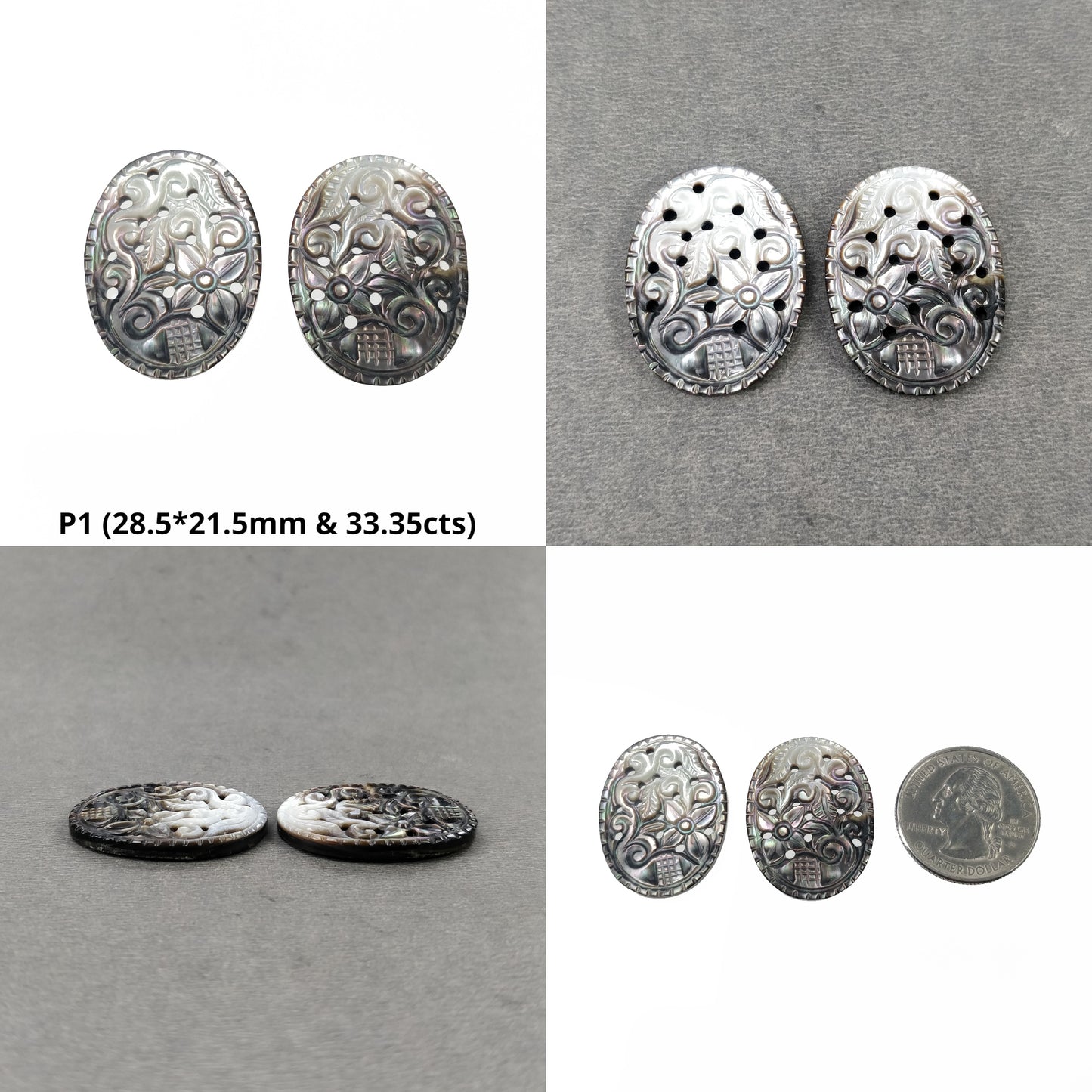 MOTHER OF PEARL Gemstone Carving : Natural Untreated Black Mop Hand Carved Oval Shape Pairs