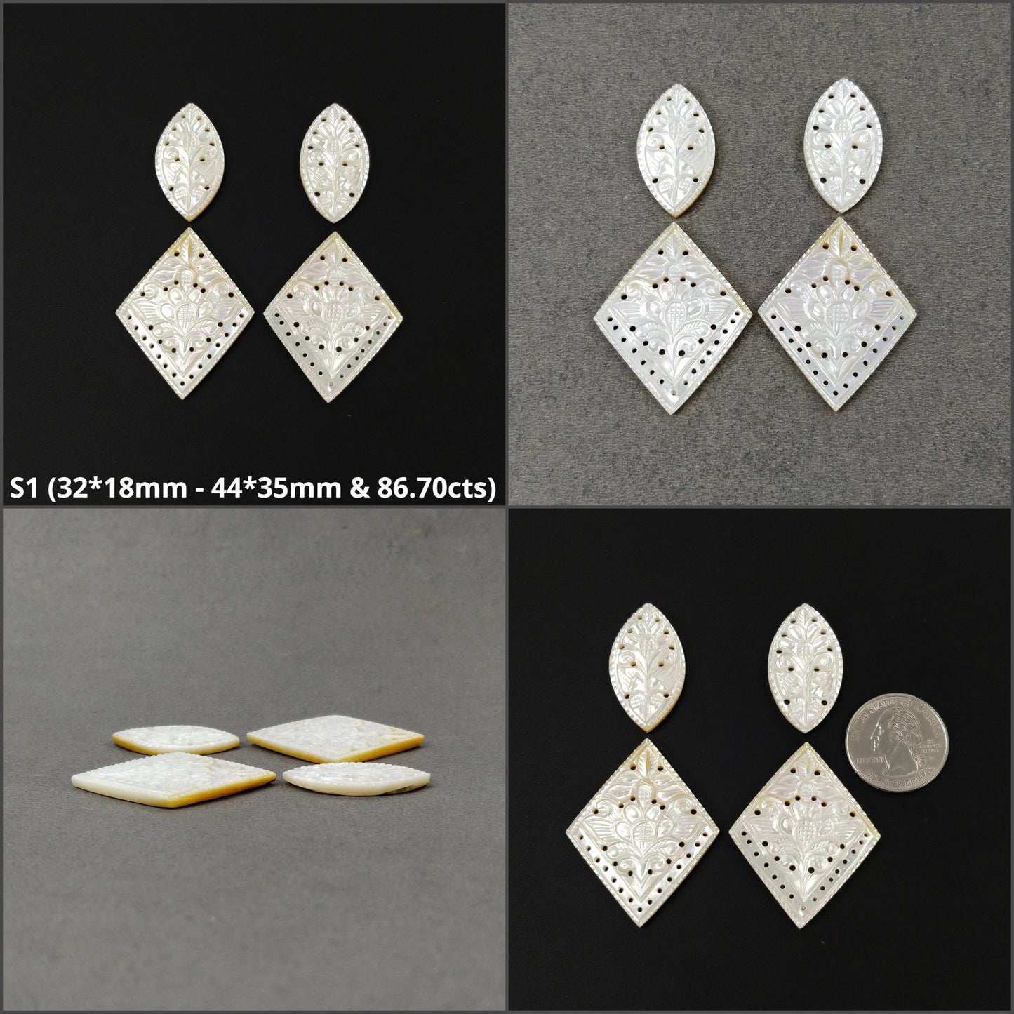 MOTHER OF PEARL Gemstone Carving : Natural Untreated White Mop Hand Carved Marquise Uneven Shapes Pairs