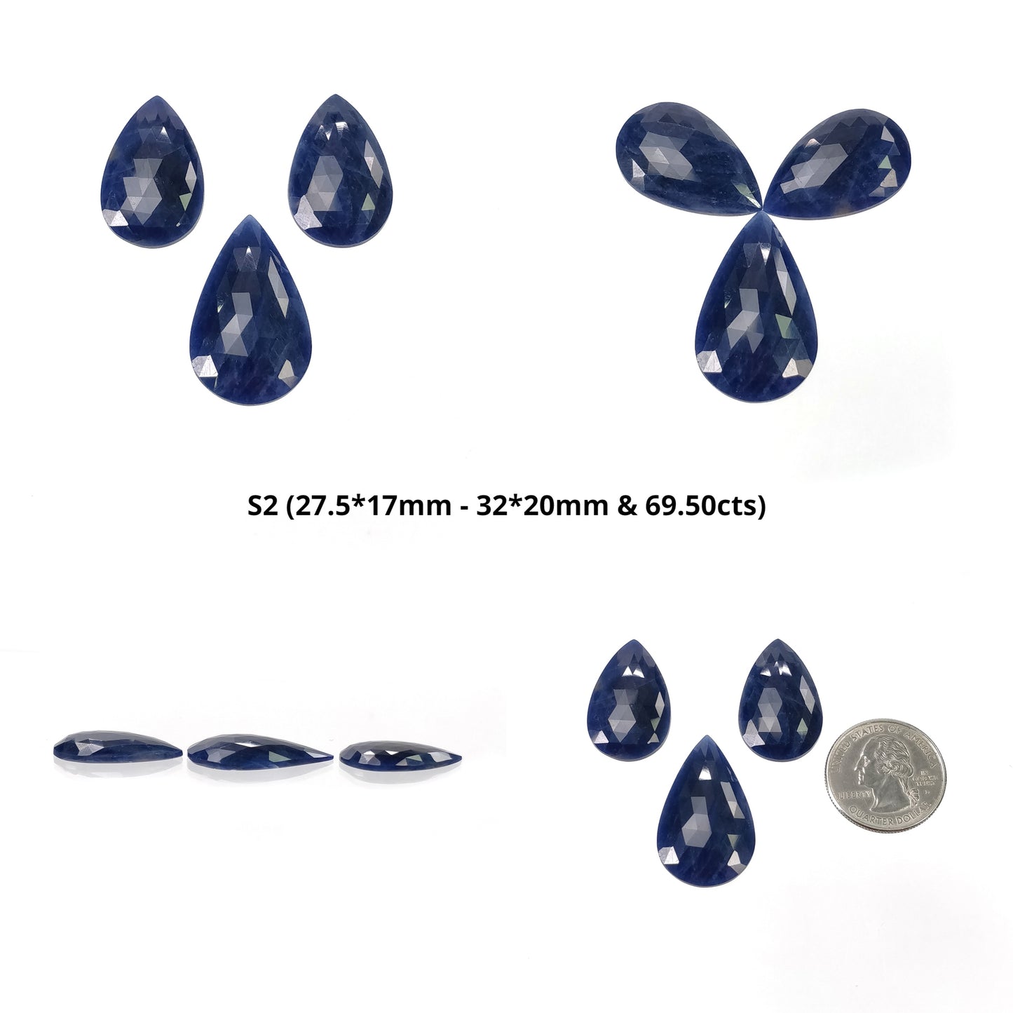 Sapphire Gemstone Rose Cut : Natural Untreated Unheated Blue Sapphire Pear Shape 3pcs Set