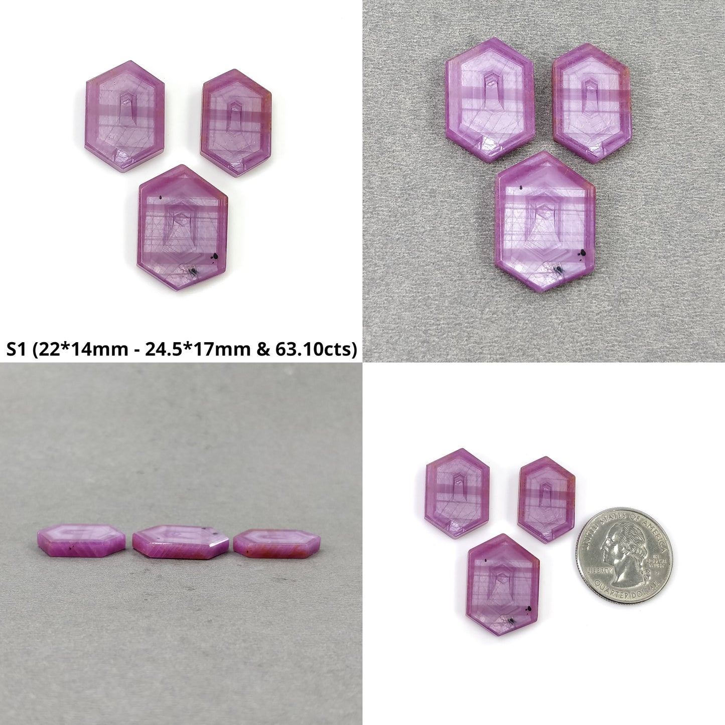Sapphire Gemstone Flat Slices : Natural Untreated Rosemary Pink Sapphire Hexagon Shape Sets