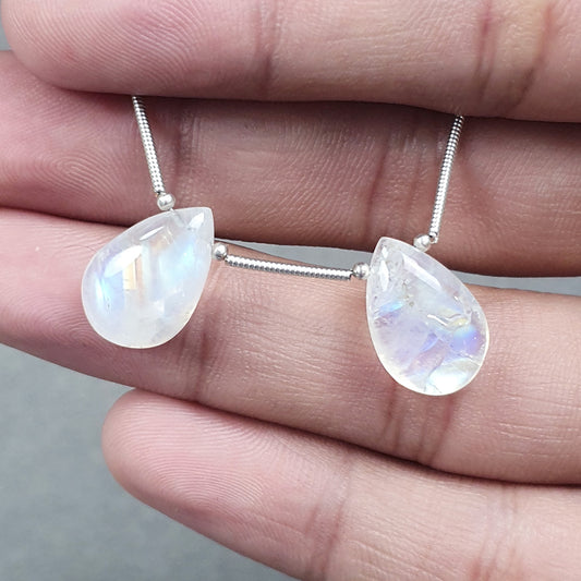 RAINBOW MOONSTONE Gemstone Loose Beads : 18.10cts Natural Untreated Unheated Moonstone Pear Shape 15.5*10.5mm Pair (With video)