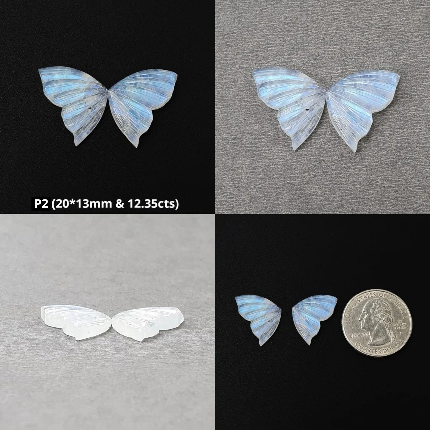 RAINBOW MOONSTONE Gemstone Carving : Natural Untreated Unheated Moonstone Hand Carved BUTTERFLY Pair