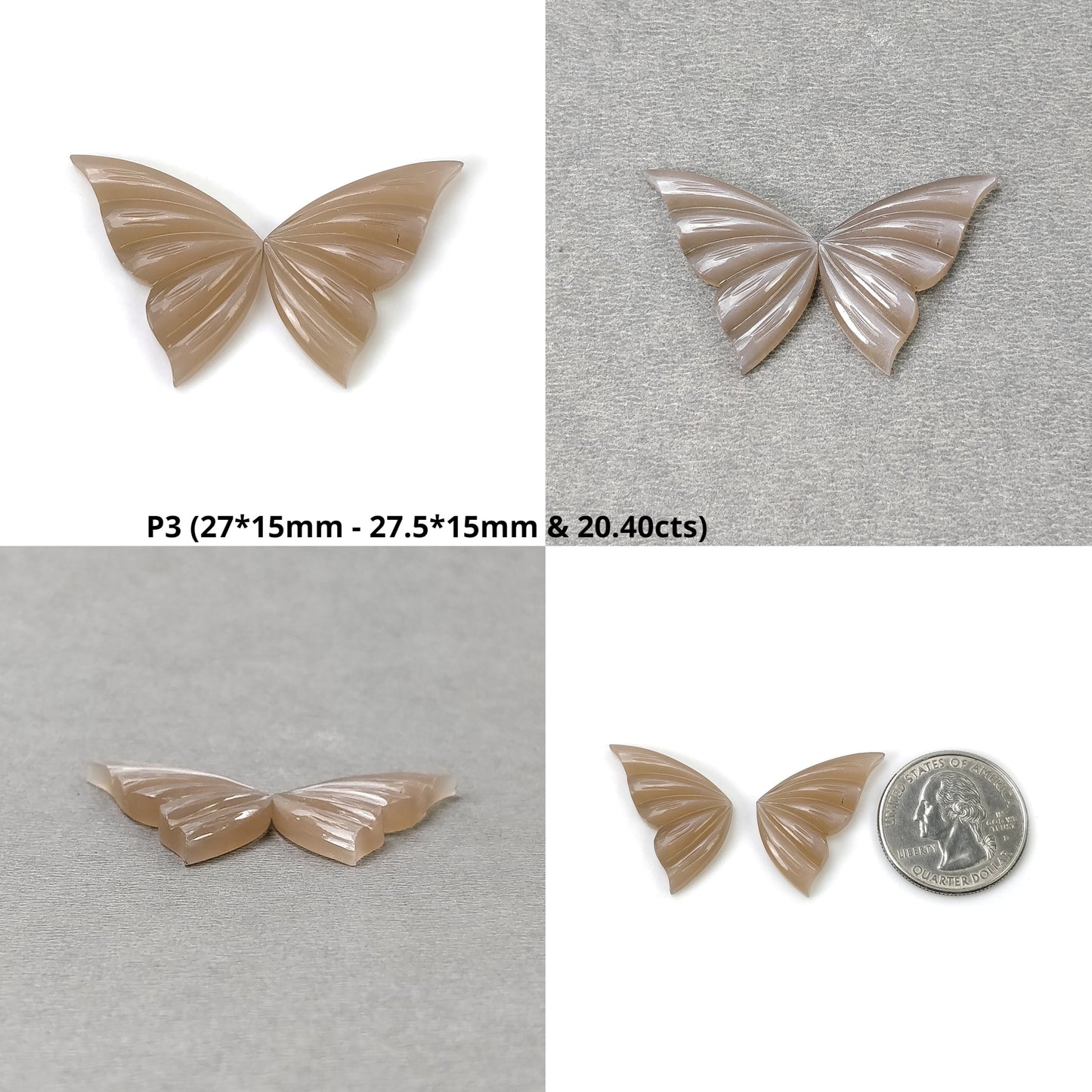 PEACH MOONSTONE Gemstone Carving : Natural Untreated Unheated Moonstone Hand Carved BUTTERFLY Pair
