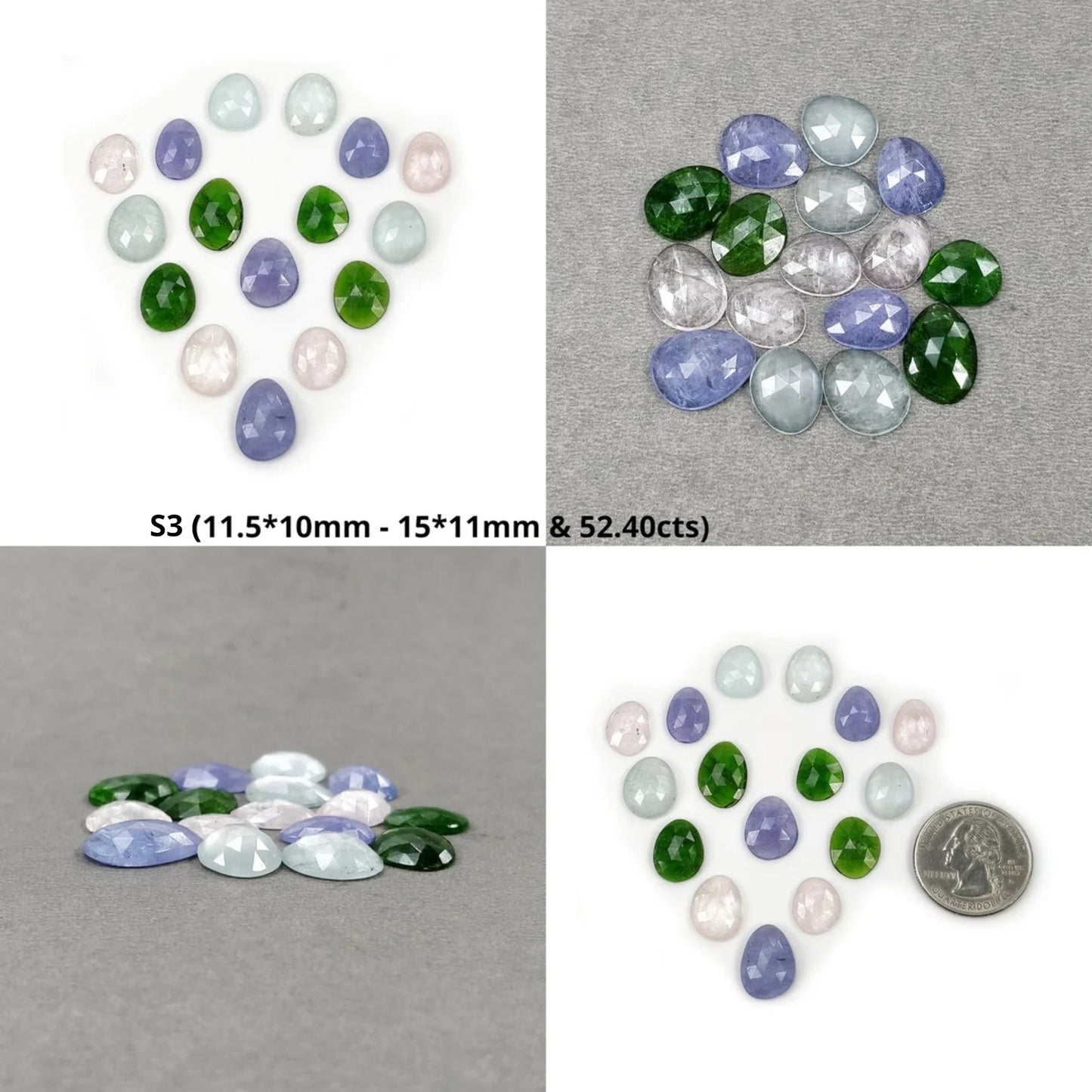 Sunstone Morganite Chrome Diopside Aquamarine Tanzanite Gemstone Rose Cut : Natural Untreated Uneven Egg Shape Set