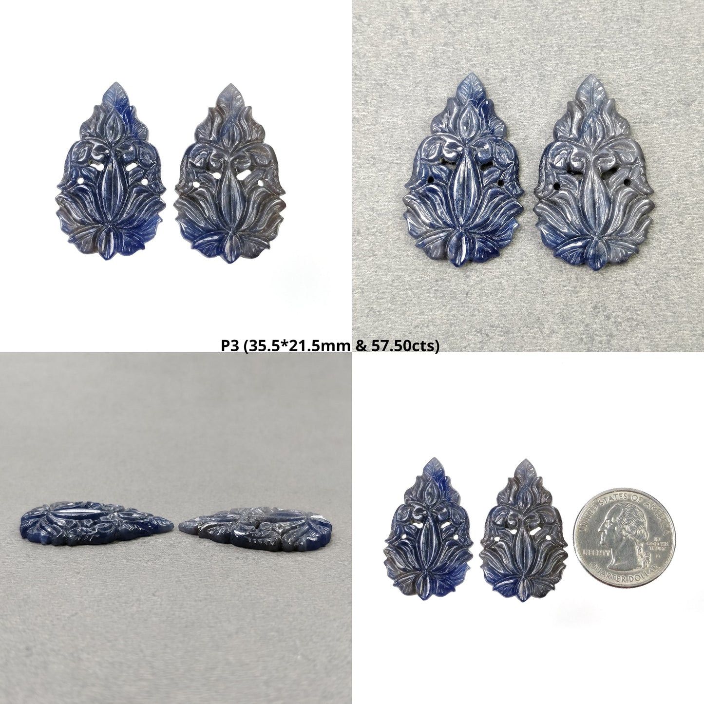 SILVER GRAY & Blue SAPPHIRE Gemstone Carving : Natural Untreated Sapphire Hand Carved Triangle, Pear And Oval Shape Pair