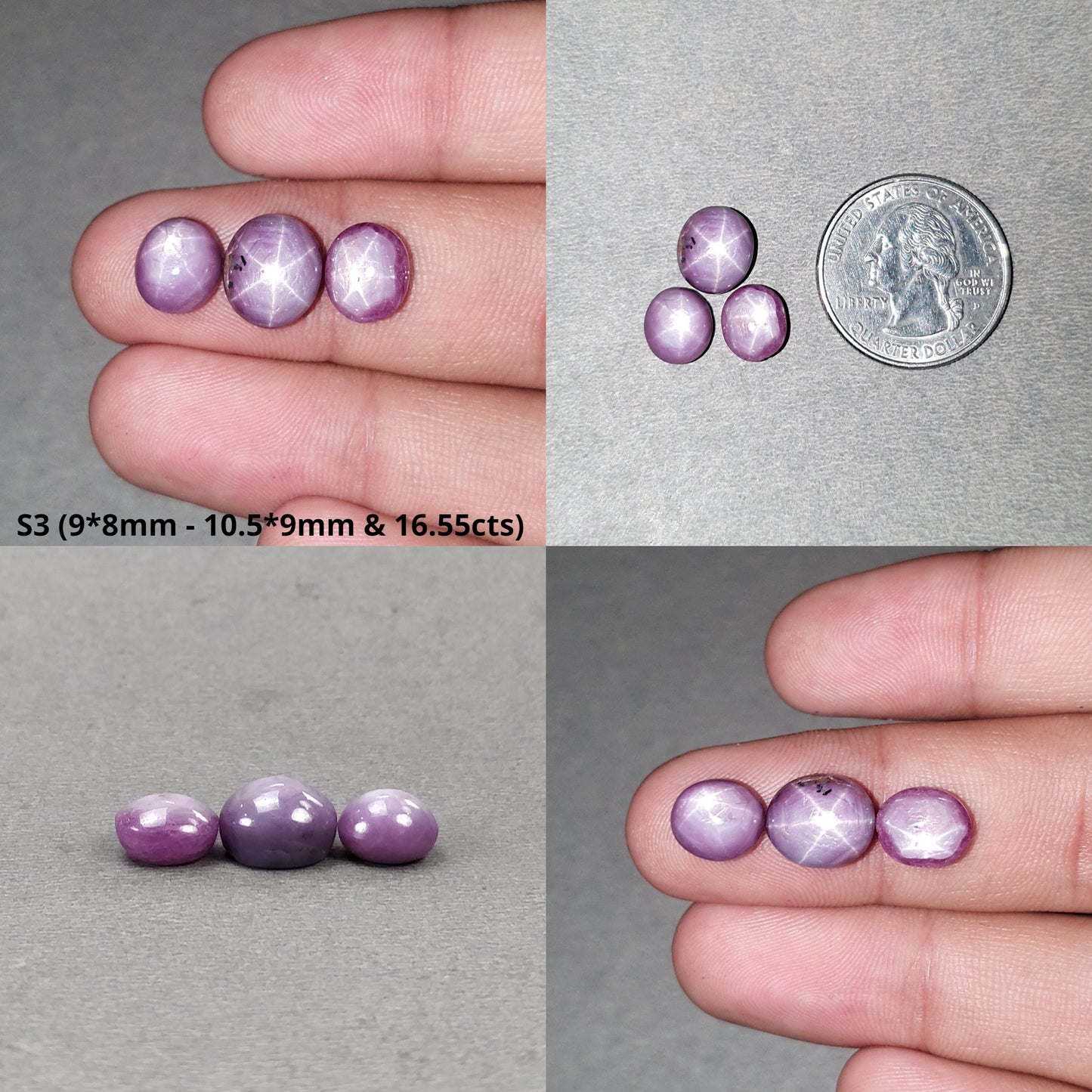 Star Sapphire Gemstone Cabochon : Natural Untreated African Pink Sapphire 6Ray Star Oval Shape 3pcs Sets