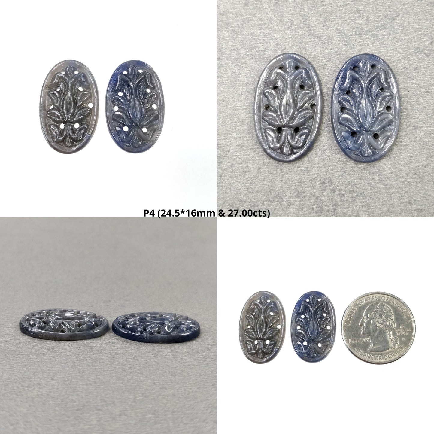 SILVER GRAY & Blue SAPPHIRE Gemstone Carving : Natural Untreated Sapphire Hand Carved Triangle, Pear And Oval Shape Pair